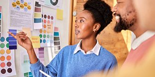 Planning, Inspiration And Business People In A Meeting For Design, Brainstorming And Presentation. Color, Swatch And A Black Woman Speaking To Employees About Inspiration For Company Branding